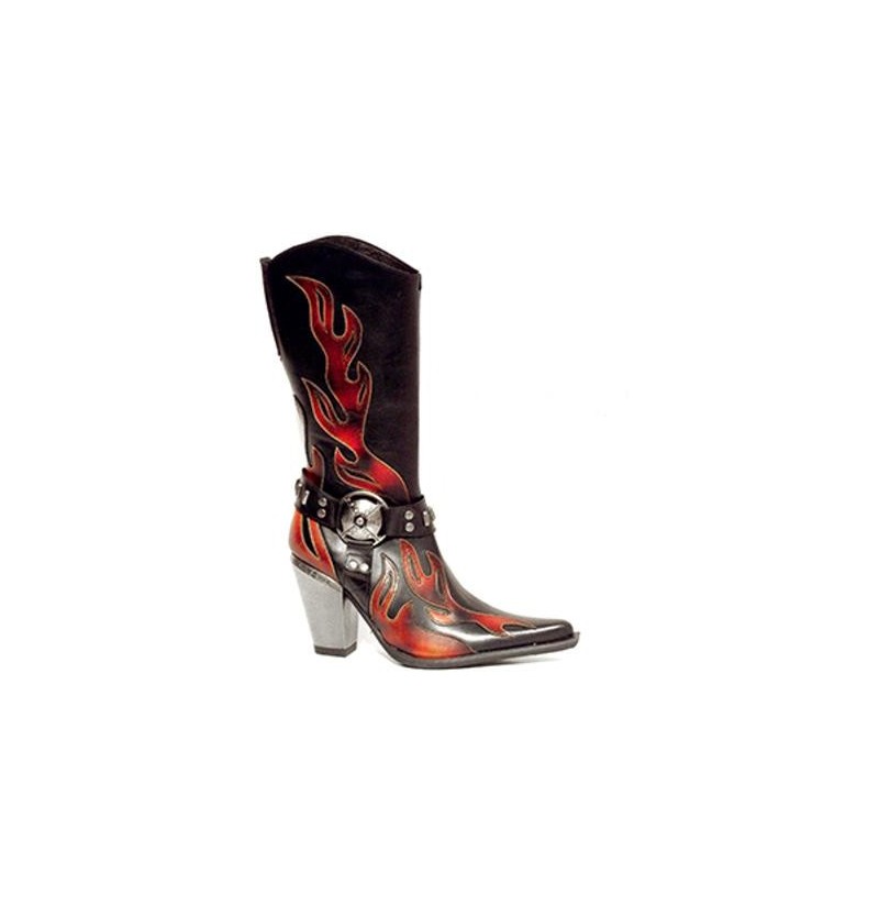Black leather cowboy boots for women with red flames - Shoes Made 4 Me