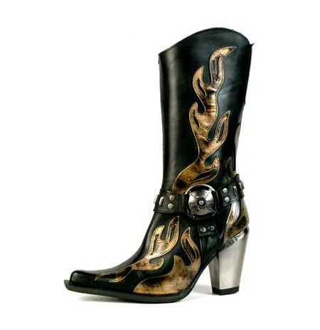 Black leather cowboy boots for women with golden flames - Shoes ...