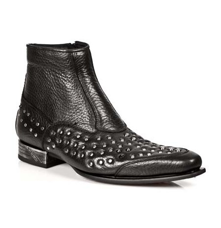 Black leather studded ankle boots for men with steel heel
