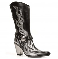 Black leather cowboy boots for women with silver flames