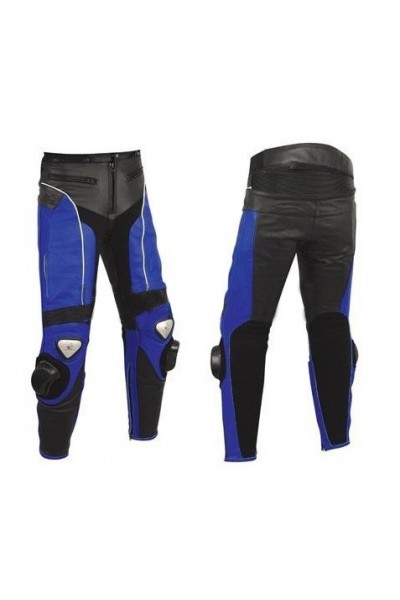 Pantalon moto cuir noir et bleu