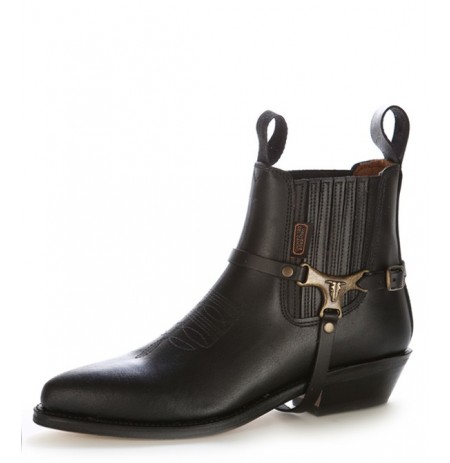 Black leather cowboy ankle boots buffalo bridle