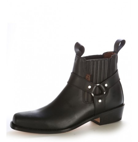 Black leather cowboy ankle boots with bridles