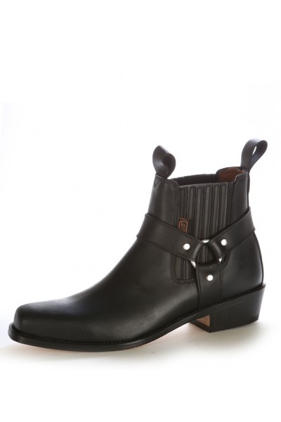 Black leather cowboy ankle boots with bridles