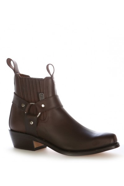 Brown leather cowboy ankle boots with bridles