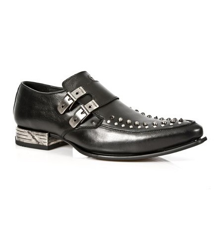 Black leather studded loafers for men with steel heel