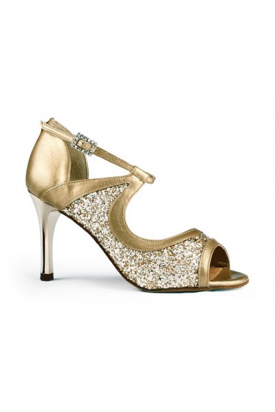 Sequined golden leather dancing shoes