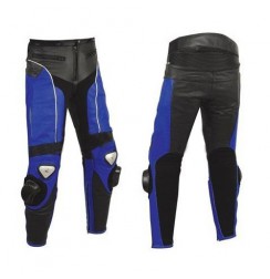 Pantalon moto cuir noir et bleu
