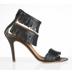 Yaninna Designer Black leather sandals with fringes