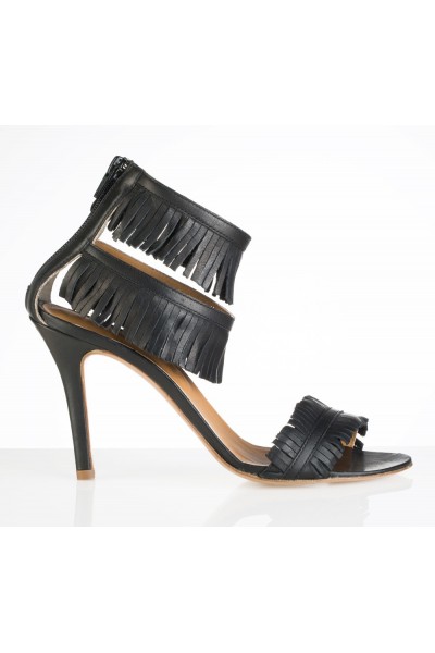 Yaninna Designer Black leather sandals with fringes