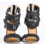 Yaninna Designer Black leather sandals with fringes