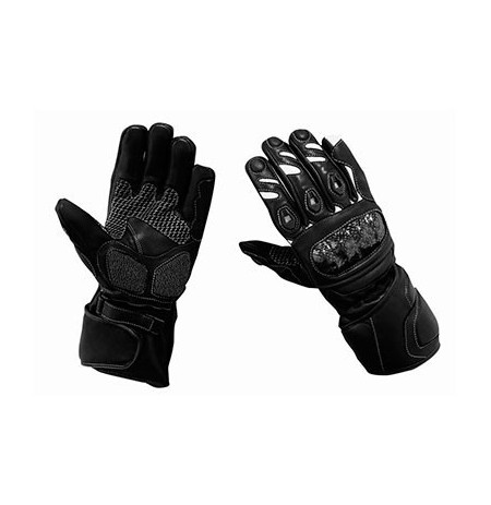 Black and white leather motorcycle gloves with carbon fibre protections