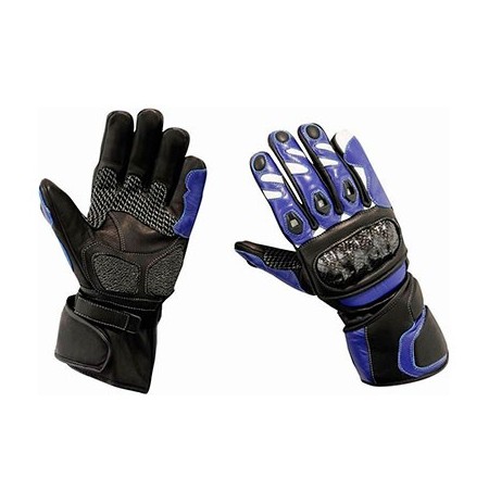 Blue leather motorcycle gloves with carbon fibre and Kevlar knuckle protection