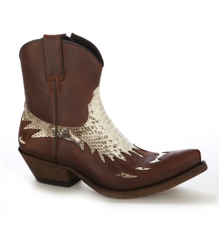 Brown leather and real snakeskin cowboy ankle boots