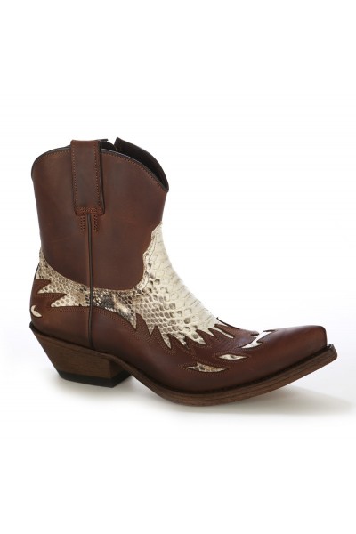 Brown leather and real snake cowboy ankle boots