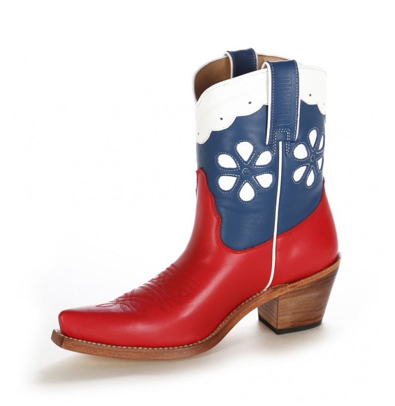 AMERICAN STYLE LEATHER COWBOY ANKLE BOOTS Red blue and white leather ...