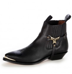 Black harness ankle boots metal tip