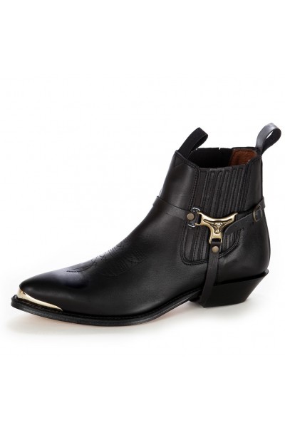 Black harness ankle boots metal tip