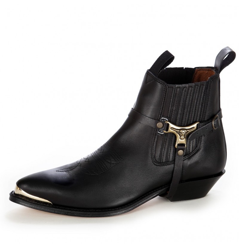 COWBOY ANKLE BOOTS WITH METAL TIPS Black leather harness western low cut boots