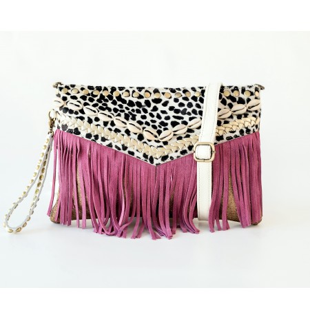 Leopard print leather wrislet purple handbag with tassels