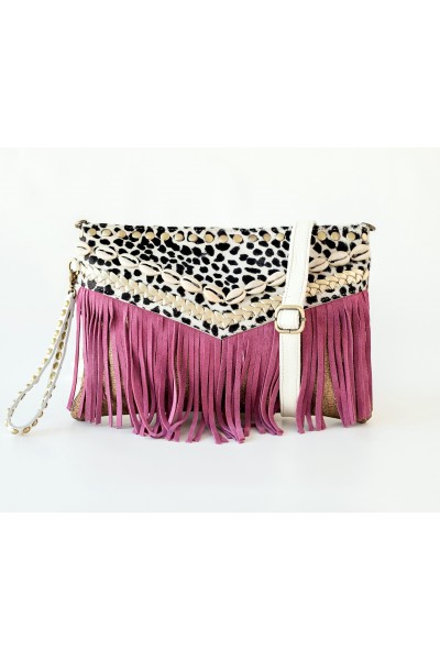 Leopard print leather wrislet purple handbag with tassels