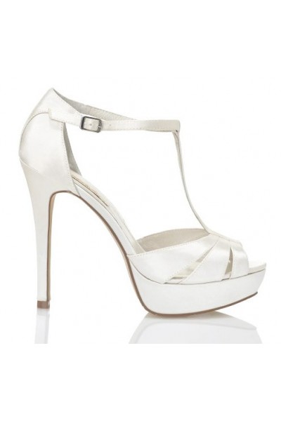 T Strap Wedding Heels With Platforms White Satin Bridal Shoes With