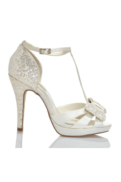 T Strap Wedding Heels With Platforms White Satin Bridal Shoes With