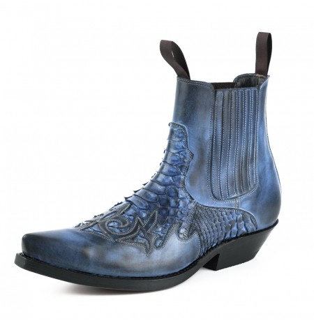 Blue snakeskin cowboy ankle boots for men