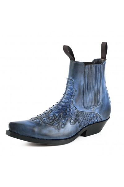 Blue snakeskin cowboy ankle boots for men