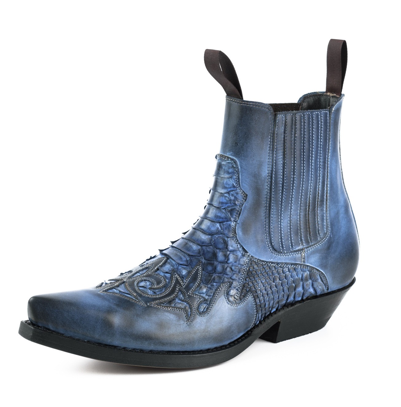 Blue snakeskin cowboy ankle boots for men LOW LEATHER SNAKESKIN BLUE DENIM BOOTS