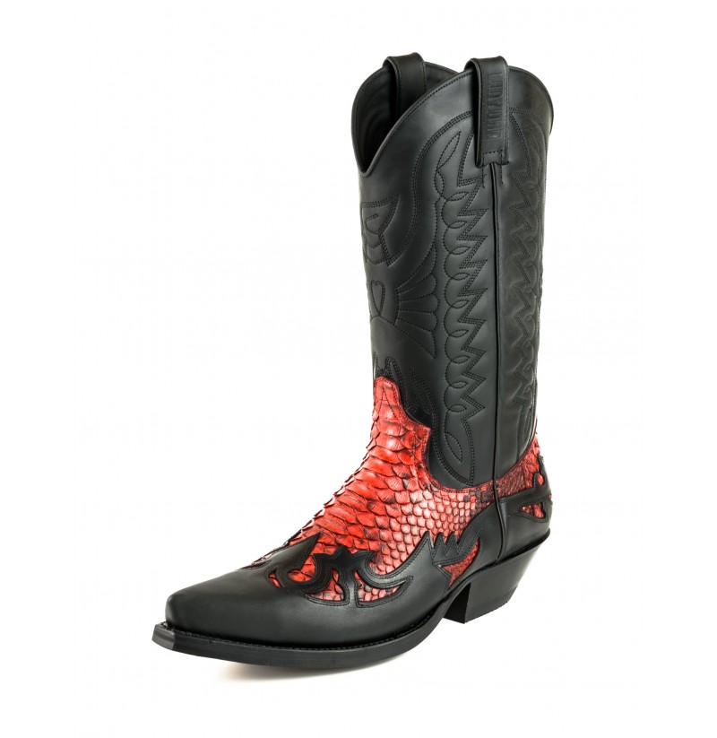Vær opmærksom på Tilfældig boks Unisex black leather and red snakeskin cowboy boots BLACK LEATHER AND RED  REL SNAKESKIN MEXICAN STYLE BOOTS