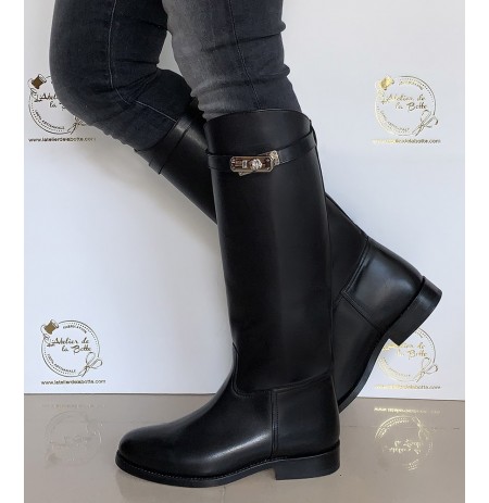 Black leather horse riding style boots with clasps made to measure RIDING BOOTS IN FULL GRAIN BOX CALF LEATHER