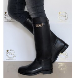 Black leather riding style boots with straps