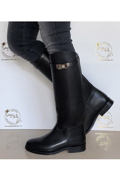 Black leather riding style boots with straps