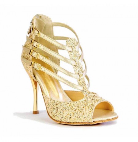 Sparkly golden leather bridal heels with straps