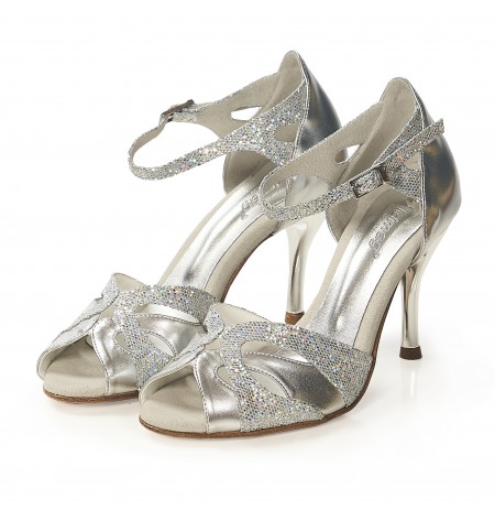 Silver glitter leather leather bridal heels with ankle straps