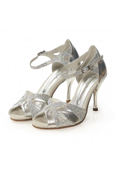 Silver glitter leather leather bridal heels with ankle straps