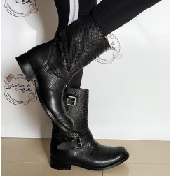 Black leather and snakeskin biker boots