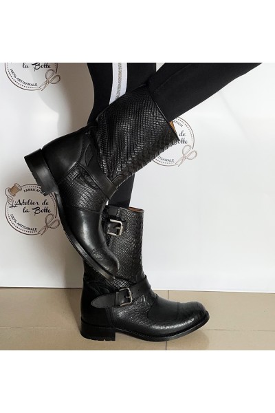 Vejnavn Necessities korrekt Black leather and snakeskin biker boots TRENDY BIKER BOOTS WITH STRAPS AND  BUCKLES