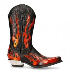 Black leather cowboy boots for men with red flames and steel heel