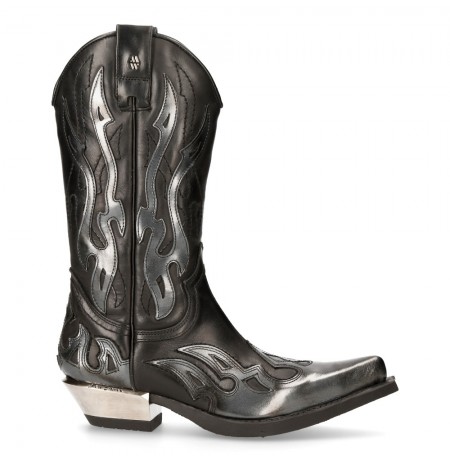 Black and silver leather cowboy boots for men