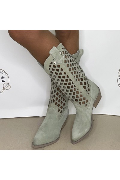 Denim mint suede cowboy boots for women