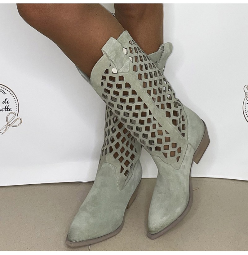 Denim mint suede cowboy boots for women LIGHT GREENE PLEATED SUEDE