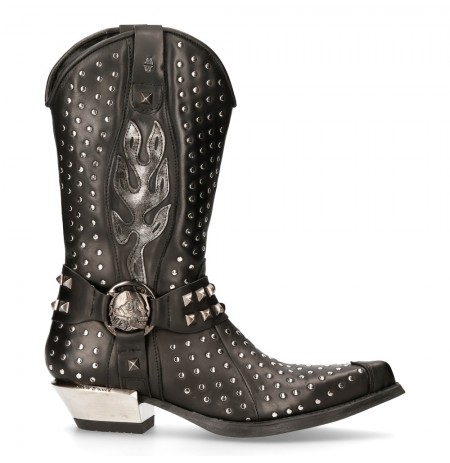 Black leather studded rock cowboy boots for men with steel heel